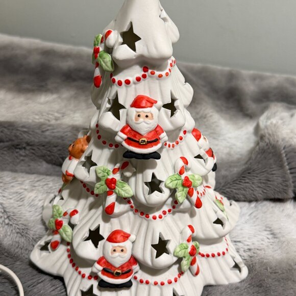 Vintage Porcelain Light Up 8" White Christmas Tree Candy Canes Teddy Bears Santa - Picture 10 of 14